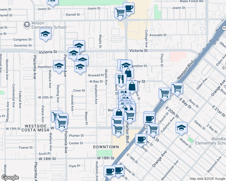 map of restaurants, bars, coffee shops, grocery stores, and more near 2013 Charle Street in Costa Mesa