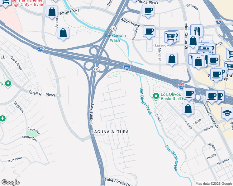 map of restaurants, bars, coffee shops, grocery stores, and more near 70 Brindisi in Irvine