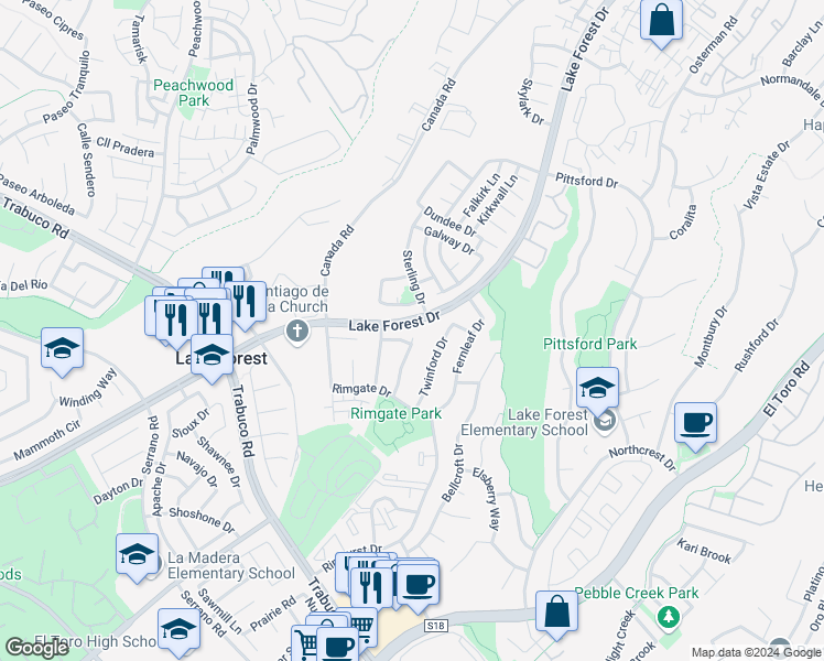 map of restaurants, bars, coffee shops, grocery stores, and more near 21691 Regal Way in Lake Forest