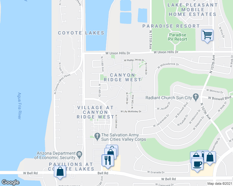 map of restaurants, bars, coffee shops, grocery stores, and more near 18078 North 113th Avenue in Surprise