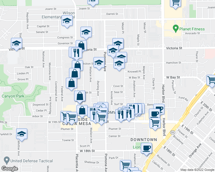 map of restaurants, bars, coffee shops, grocery stores, and more near 2021 Arnold Avenue in Costa Mesa
