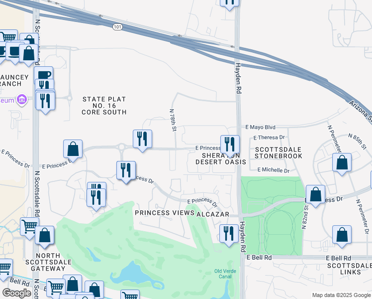 map of restaurants, bars, coffee shops, grocery stores, and more near 7808 East Princess Boulevard in Scottsdale