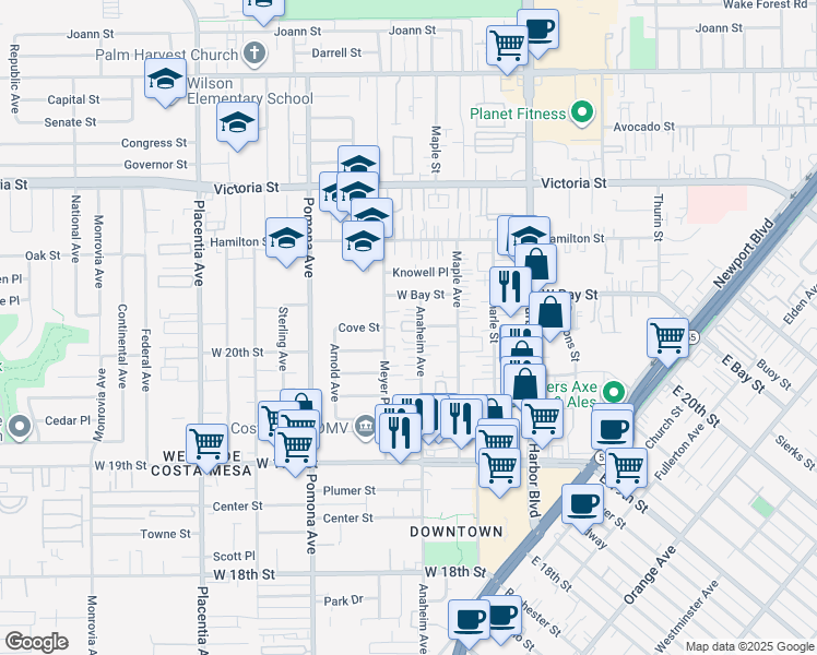map of restaurants, bars, coffee shops, grocery stores, and more near 591 Seabright Circle in Costa Mesa
