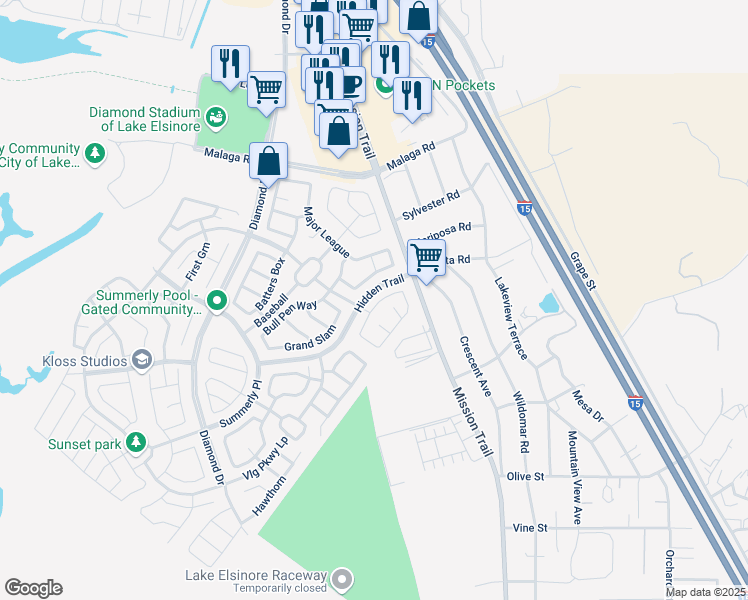 map of restaurants, bars, coffee shops, grocery stores, and more near 29136 Sycamore in Lake Elsinore