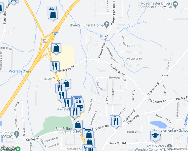 map of restaurants, bars, coffee shops, grocery stores, and more near 928 Shieldcrest Way in Forest Park