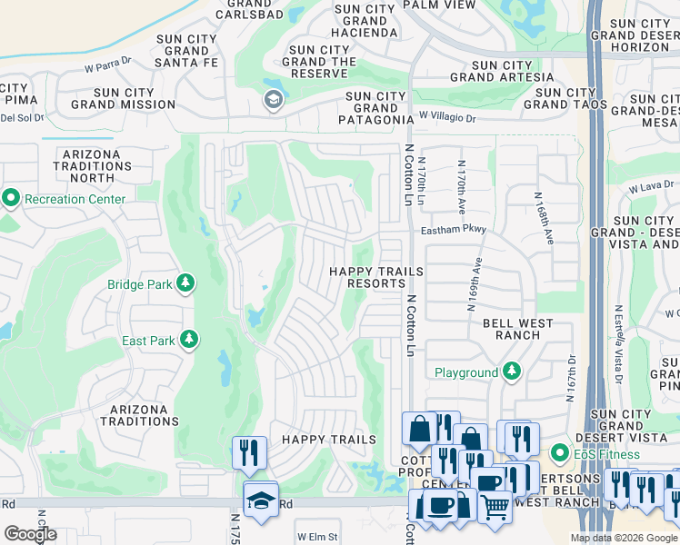 map of restaurants, bars, coffee shops, grocery stores, and more near 17901-18099 North Nellie Belle in Surprise