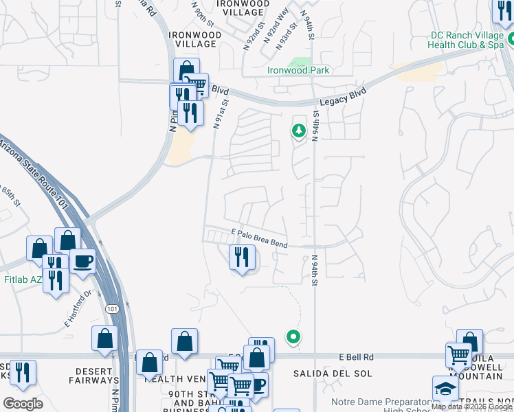 map of restaurants, bars, coffee shops, grocery stores, and more near 17823 North 92nd Way in Scottsdale