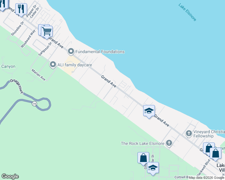 map of restaurants, bars, coffee shops, grocery stores, and more near 16705 Grand Avenue in Lake Elsinore