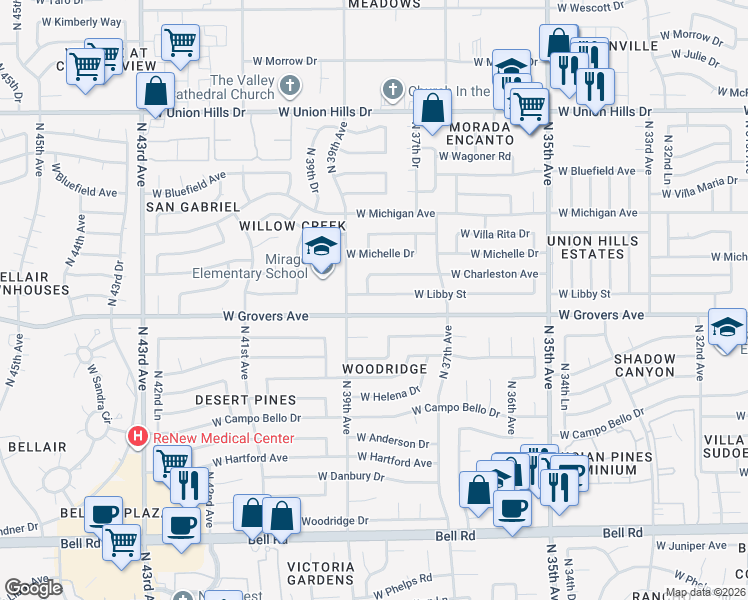 map of restaurants, bars, coffee shops, grocery stores, and more near 3813 West Libby Street in Glendale
