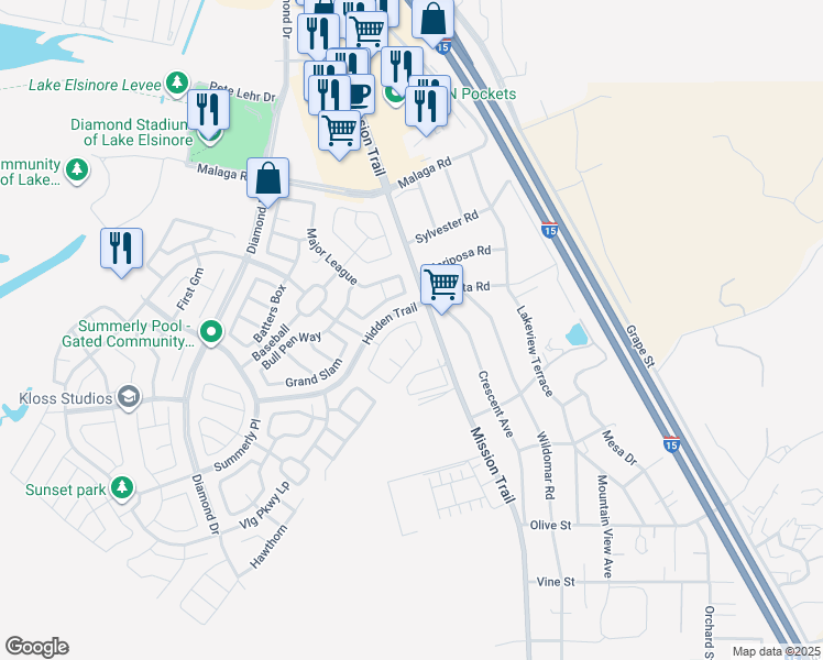 map of restaurants, bars, coffee shops, grocery stores, and more near 29184 Tree House in Lake Elsinore