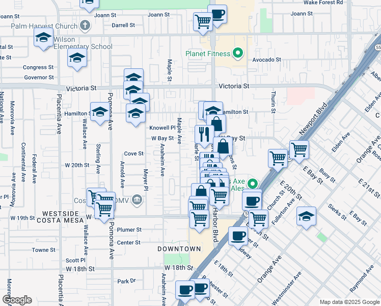 map of restaurants, bars, coffee shops, grocery stores, and more near 2915 Charle Street in Costa Mesa