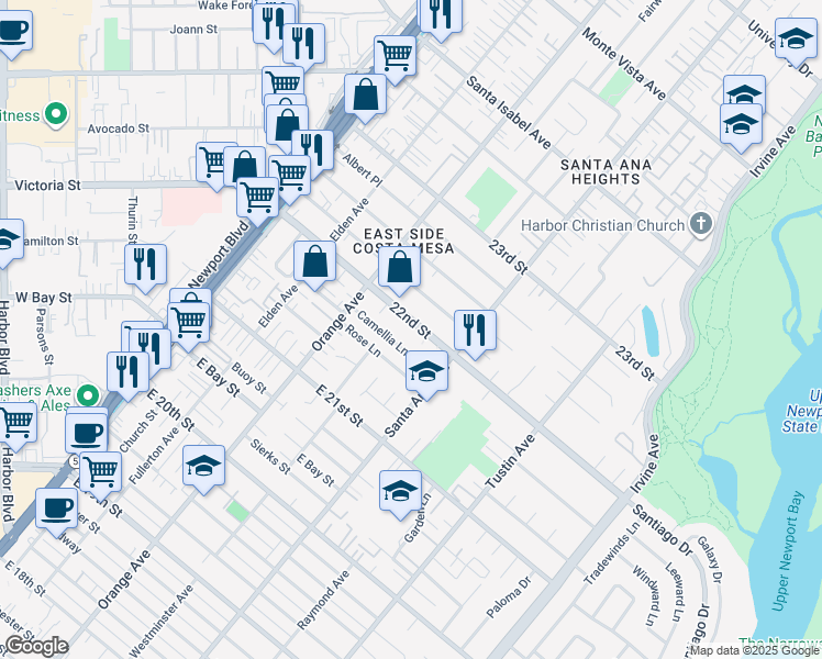 map of restaurants, bars, coffee shops, grocery stores, and more near 255 22nd Street in Costa Mesa