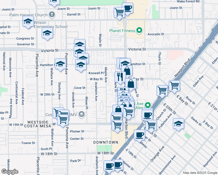 map of restaurants, bars, coffee shops, grocery stores, and more near 2002 Maple Avenue in Costa Mesa