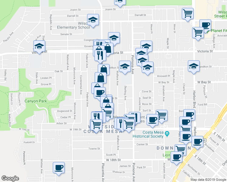 map of restaurants, bars, coffee shops, grocery stores, and more near 2025 Wallace Avenue in Costa Mesa
