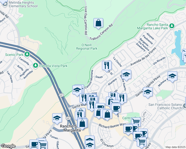 map of restaurants, bars, coffee shops, grocery stores, and more near 29 Raposa in Rancho Santa Margarita