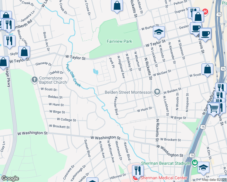 map of restaurants, bars, coffee shops, grocery stores, and more near 1108 W McGee St in Sherman