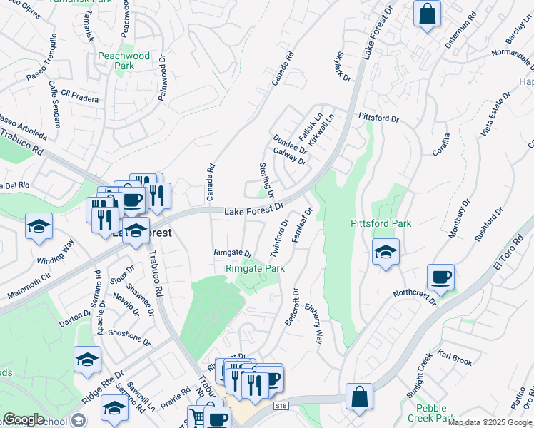 map of restaurants, bars, coffee shops, grocery stores, and more near 21691 Regal Way in Lake Forest