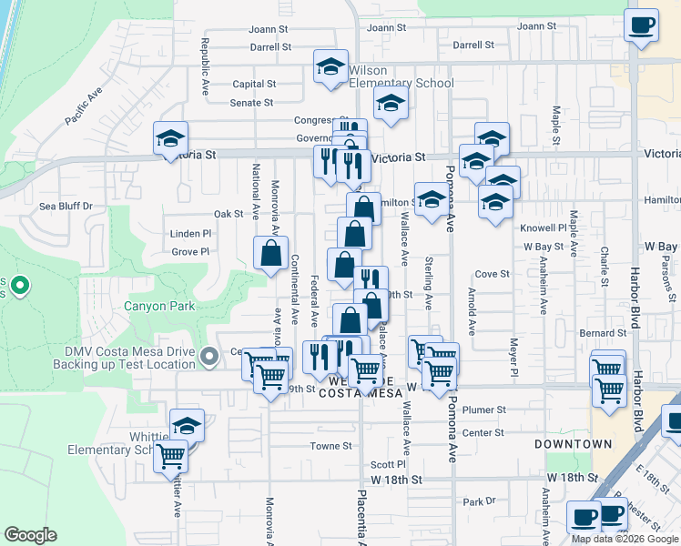 map of restaurants, bars, coffee shops, grocery stores, and more near 2023 Placentia Avenue in Costa Mesa
