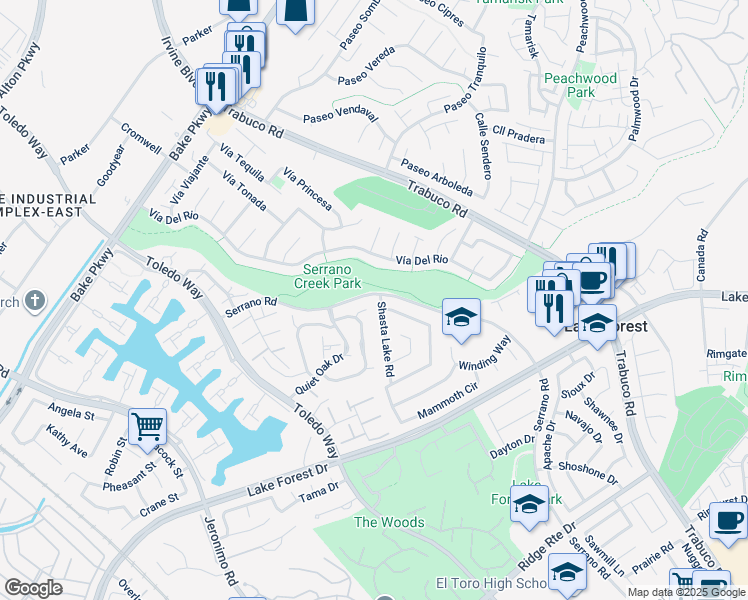 map of restaurants, bars, coffee shops, grocery stores, and more near 21681 Shasta Lake Road in Lake Forest