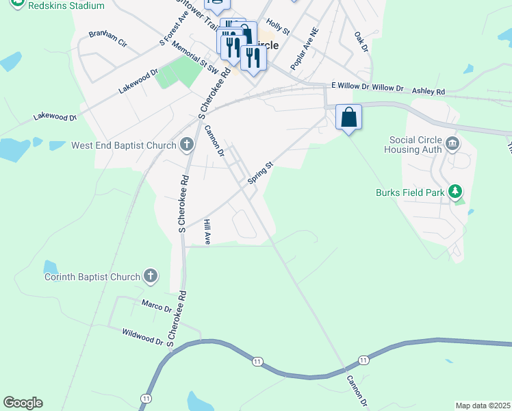 map of restaurants, bars, coffee shops, grocery stores, and more near 368 Cannon Drive in Social Circle