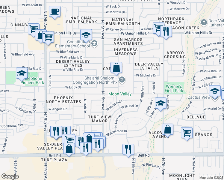 map of restaurants, bars, coffee shops, grocery stores, and more near 1403 West Libby Street in Phoenix