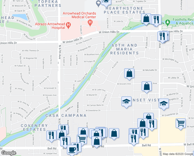 map of restaurants, bars, coffee shops, grocery stores, and more near 6417 West Libby Street in Glendale