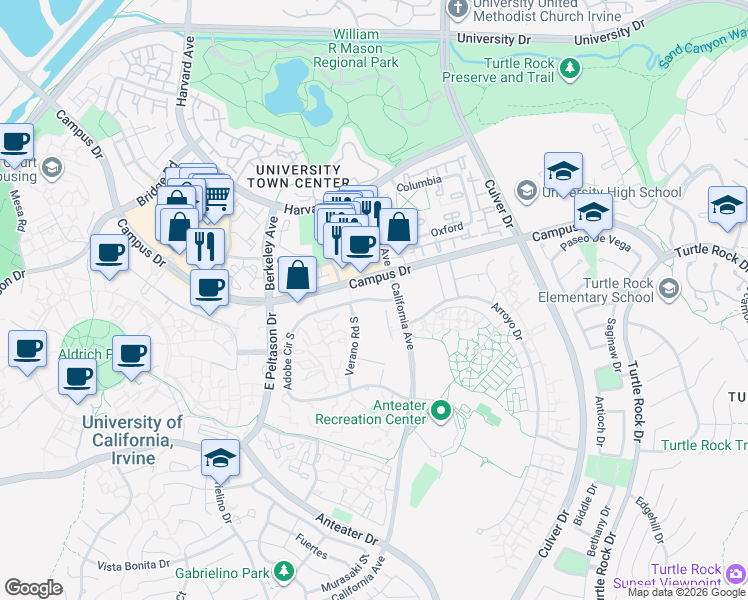 map of restaurants, bars, coffee shops, grocery stores, and more near 4100 Adobe Circle Road in Irvine