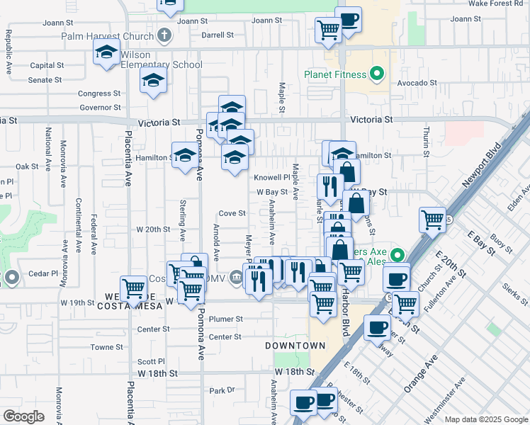 map of restaurants, bars, coffee shops, grocery stores, and more near 591 Seabright Circle in Costa Mesa