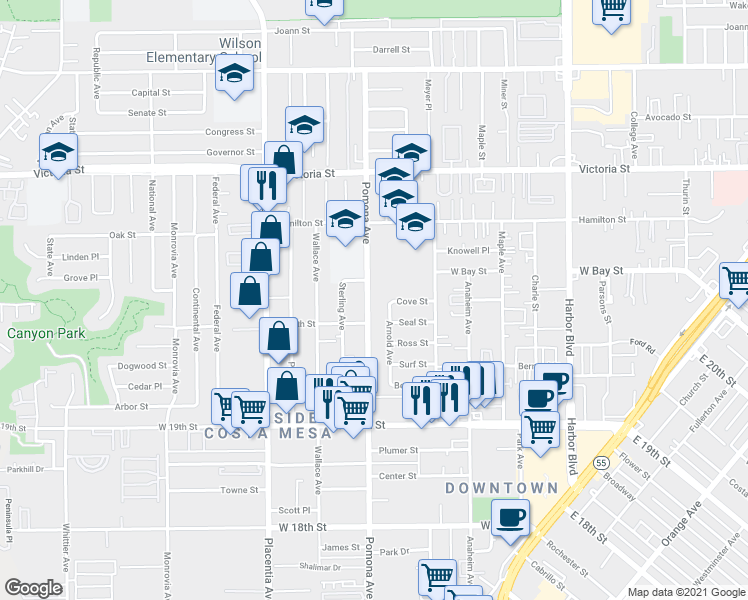 map of restaurants, bars, coffee shops, grocery stores, and more near 2021 Arnold Avenue in Costa Mesa