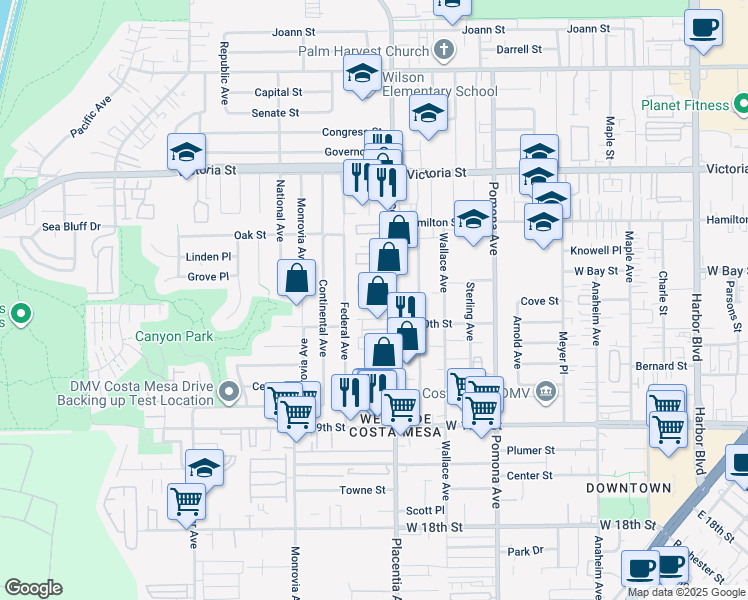 map of restaurants, bars, coffee shops, grocery stores, and more near 2037 West Place Drive in Costa Mesa