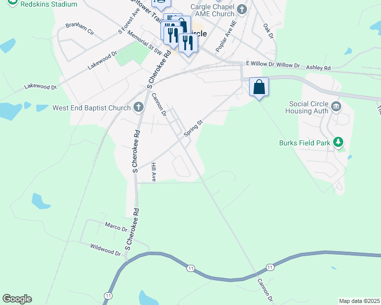 map of restaurants, bars, coffee shops, grocery stores, and more near 368 Cannon Drive in Social Circle