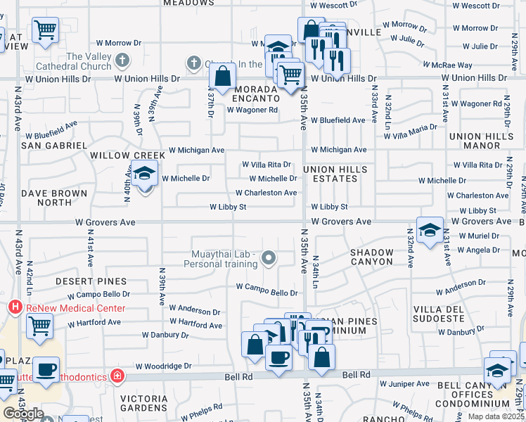 map of restaurants, bars, coffee shops, grocery stores, and more near 3607 West Libby Street in Glendale