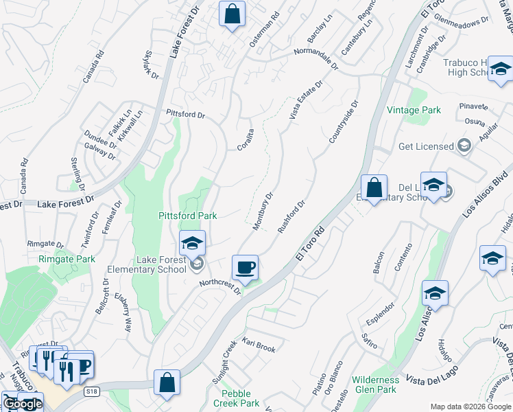 map of restaurants, bars, coffee shops, grocery stores, and more near 21701 Montbury Drive in Lake Forest