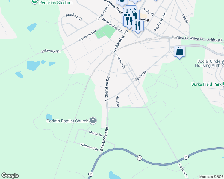 map of restaurants, bars, coffee shops, grocery stores, and more near 516 Spring Street in Social Circle