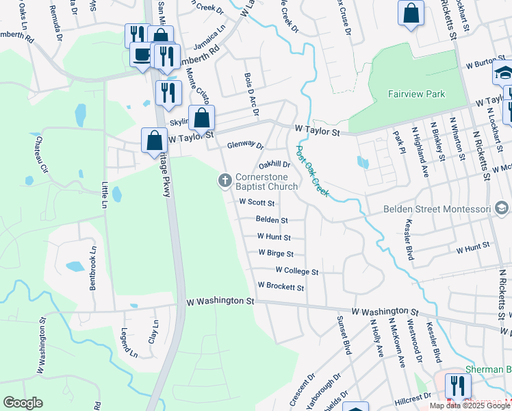 map of restaurants, bars, coffee shops, grocery stores, and more near 1812 West Scott Street in Sherman