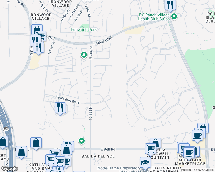 map of restaurants, bars, coffee shops, grocery stores, and more near 17870 N 95th St in Scottsdale