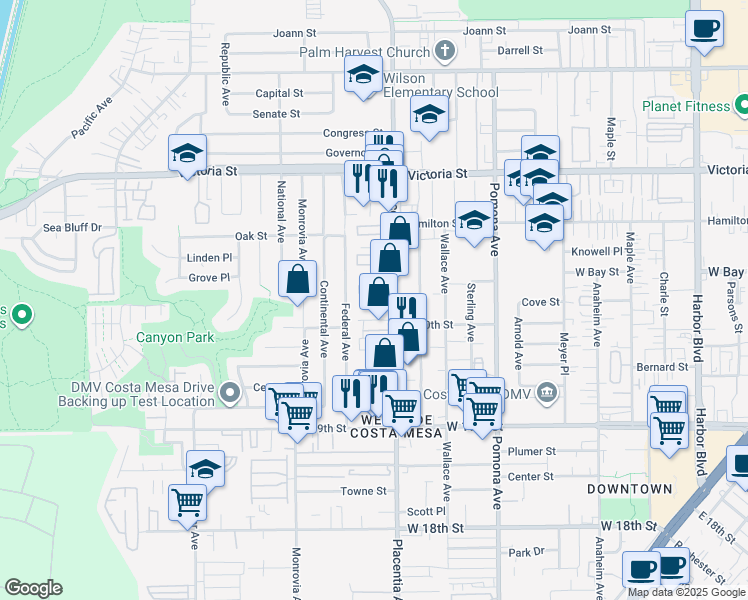 map of restaurants, bars, coffee shops, grocery stores, and more near 2023 Placentia Avenue in Costa Mesa
