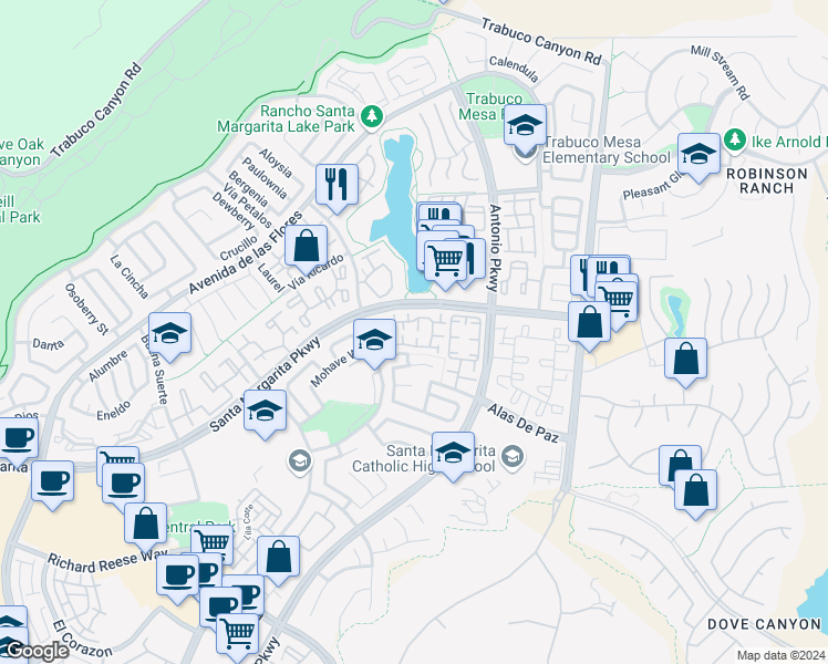 map of restaurants, bars, coffee shops, grocery stores, and more near 11 Wild Horse Loop in Rancho Santa Margarita
