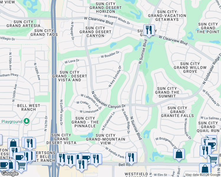 map of restaurants, bars, coffee shops, grocery stores, and more near 18021 North Key Estrella Drive in Surprise