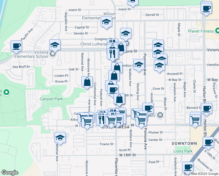 map of restaurants, bars, coffee shops, grocery stores, and more near 2061 West Place Drive in Costa Mesa
