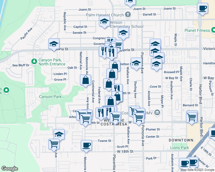 map of restaurants, bars, coffee shops, grocery stores, and more near 2037 West Place Drive in Costa Mesa