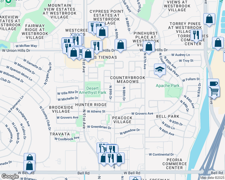 map of restaurants, bars, coffee shops, grocery stores, and more near 18049 N 89th Dr in Peoria