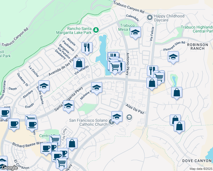map of restaurants, bars, coffee shops, grocery stores, and more near 37 Wild Horse Loop in Rancho Santa Margarita