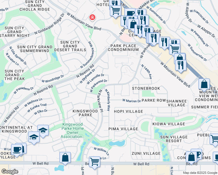 map of restaurants, bars, coffee shops, grocery stores, and more near 14702 North Kelly Court in Surprise