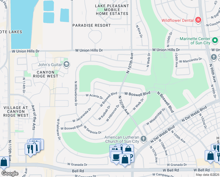 map of restaurants, bars, coffee shops, grocery stores, and more near 10805 West Mimosa Drive in Sun City