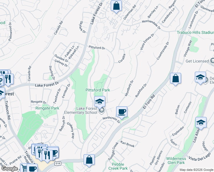 map of restaurants, bars, coffee shops, grocery stores, and more near 21691 Johnstone Drive in Lake Forest