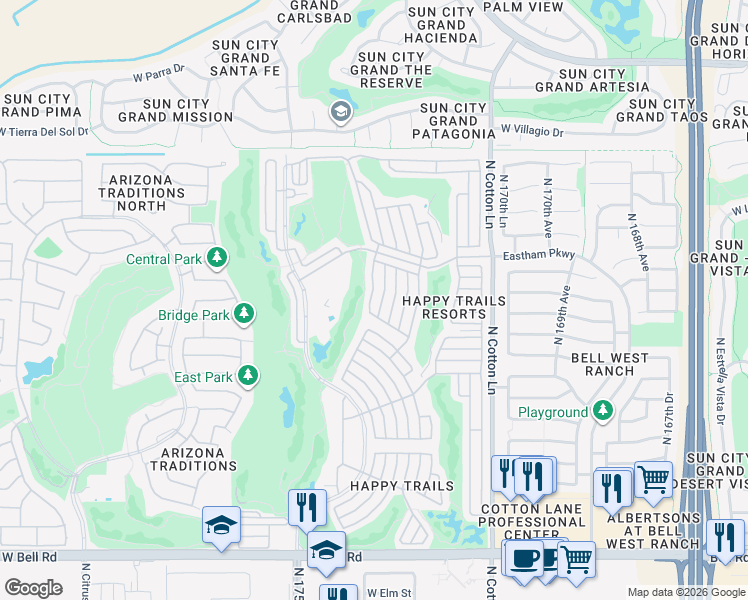 map of restaurants, bars, coffee shops, grocery stores, and more near 17950-18148 N Powderhorn in Surprise