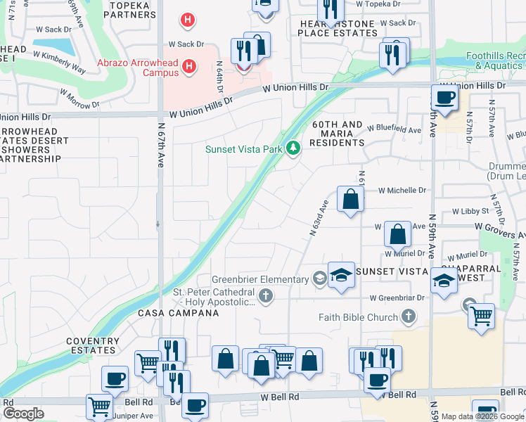 map of restaurants, bars, coffee shops, grocery stores, and more near 6411 West Libby Street in Glendale