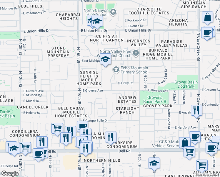 map of restaurants, bars, coffee shops, grocery stores, and more near 1750 East Grovers Avenue in Phoenix