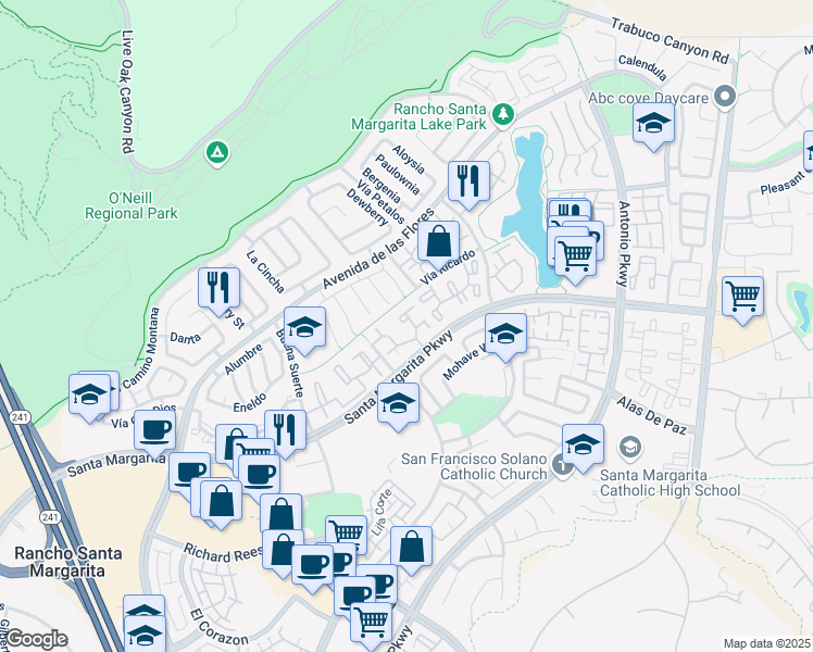 map of restaurants, bars, coffee shops, grocery stores, and more near 19 Gavilan in Rancho Santa Margarita